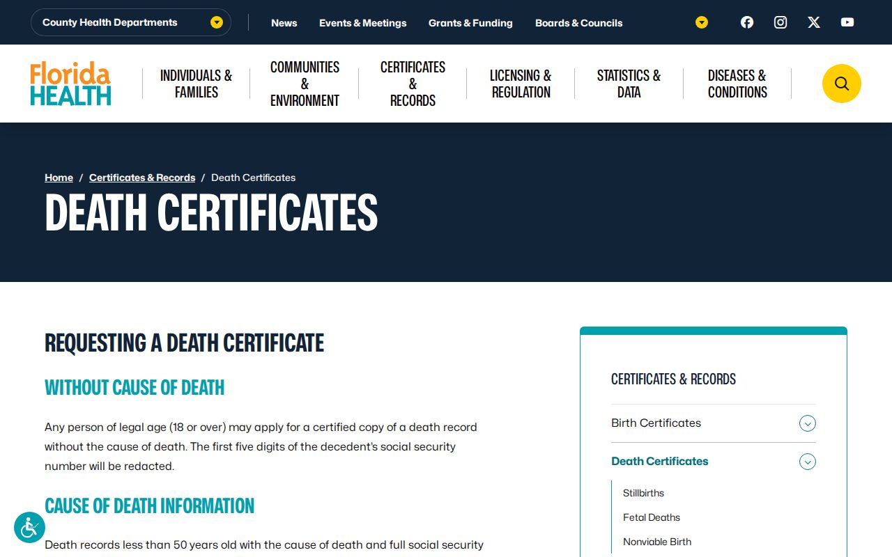 Edgewater resident lookup using Florida death certificate choices