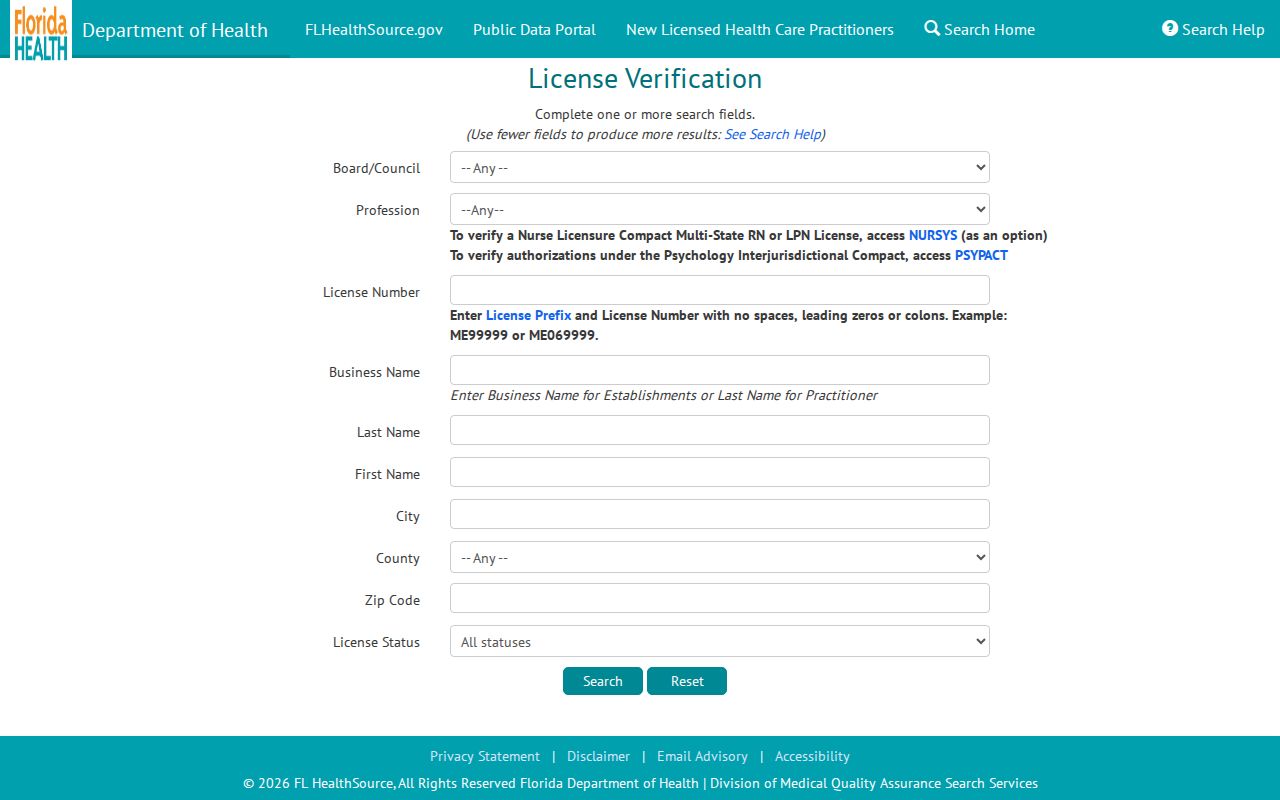 Edgewater resident lookup with the Florida health license search
