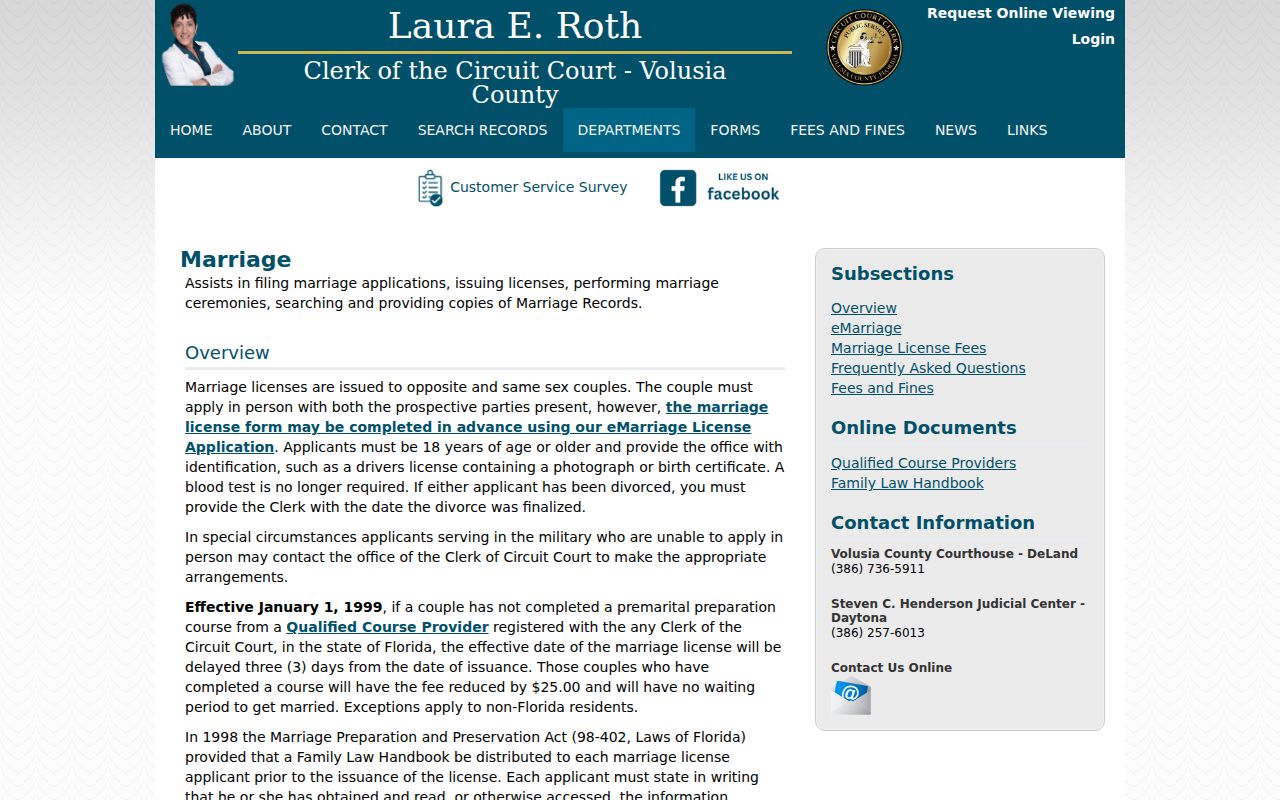 Edgewater resident lookup at the Volusia marriage records page