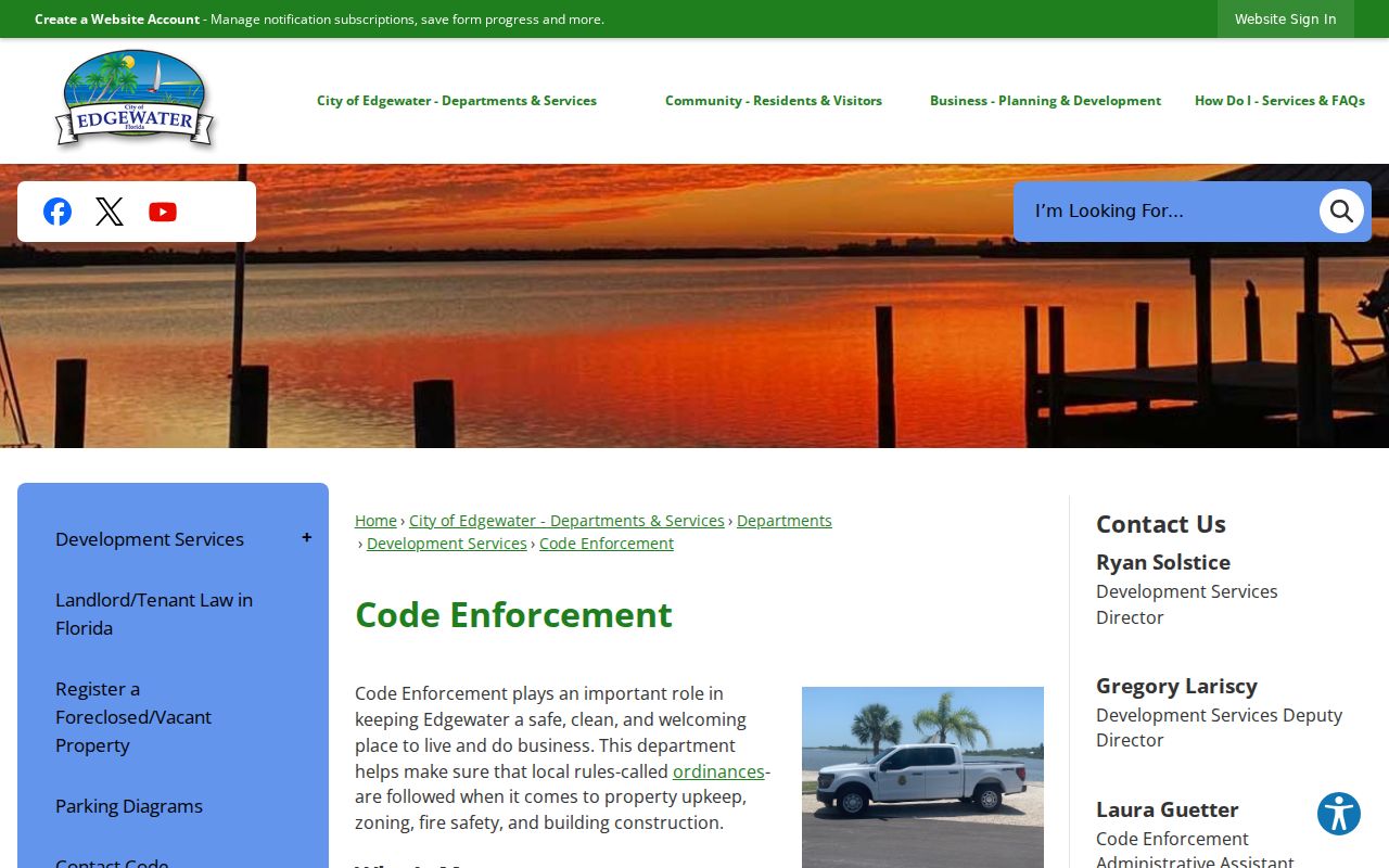 Edgewater Code Enforcement page for researching public address case records