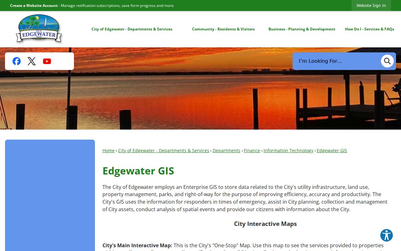 Edgewater GIS page linking parcel, zoning, annexation, and service maps