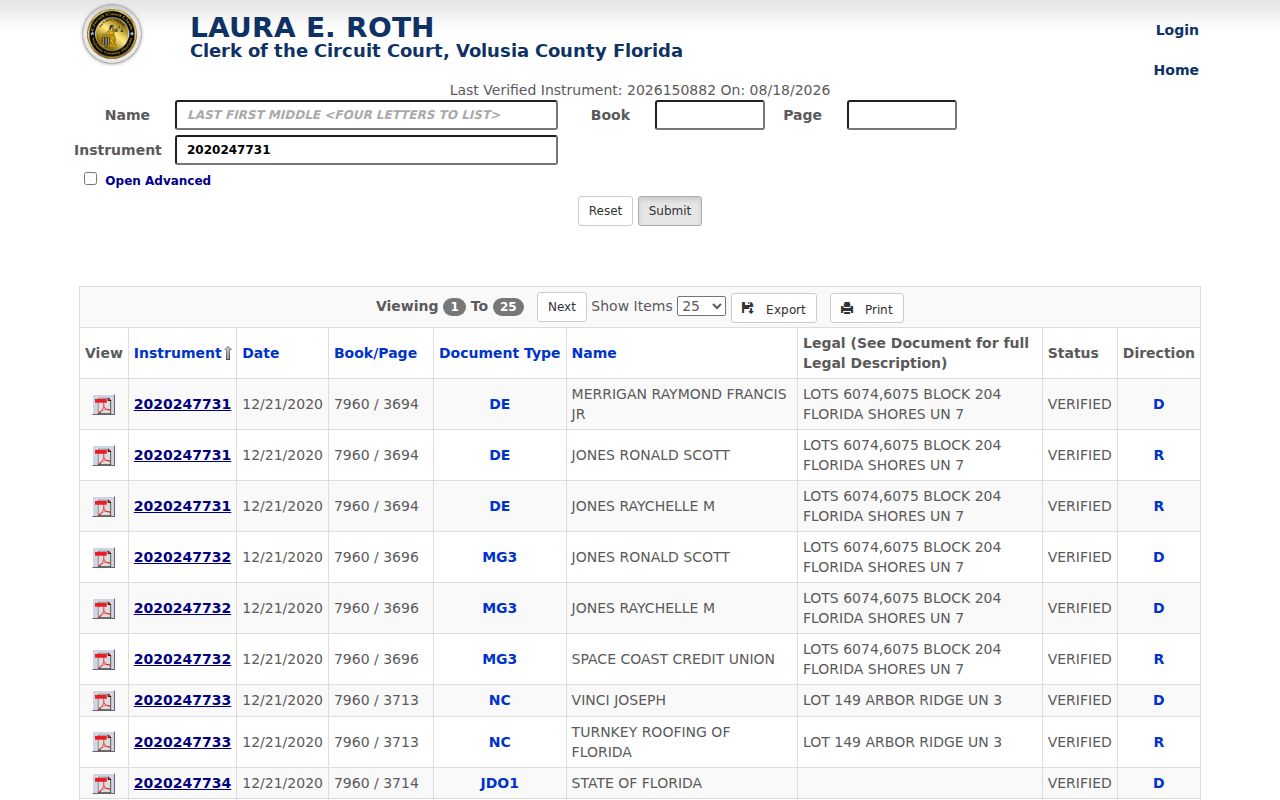 Sample Volusia Official Records page used to trace an Edgewater deed