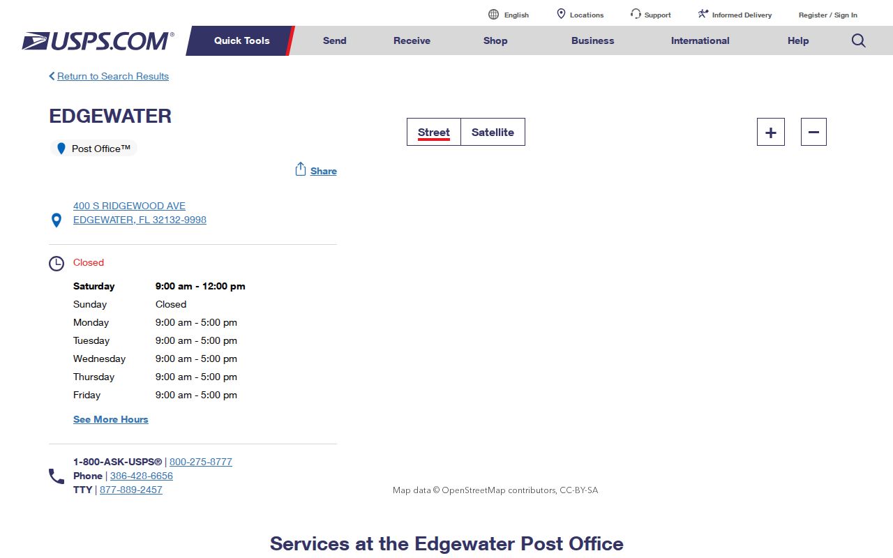 Edgewater ZIP code directory showing the official post office listing